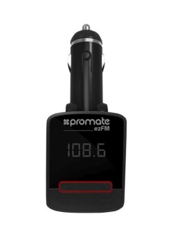 Promate EZFM Transmitter with Remote Control and 2.1 A USB Car Charger with 3.5mm Aux Plug for iPhone/Samsung/LG/HTC Black