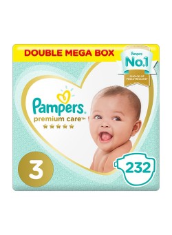 Pampers Premium Care Diapers, Size 3, Medium, 6-10 kg, Double Mega Box, 232 Diapers