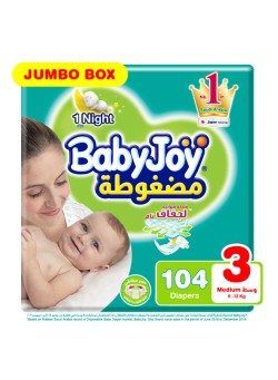 Babyjoy Tape Diaper, Size 3, Medium, 6-12 Kg, Jumbo Box, 104 Diapers