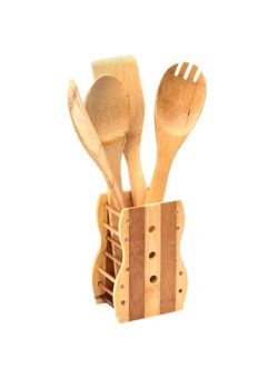 ROYALFORD 5-Piece Cooking Spoon With Spoon Holder Set Beige/Brown 30 x 6 x 0.5centimeter