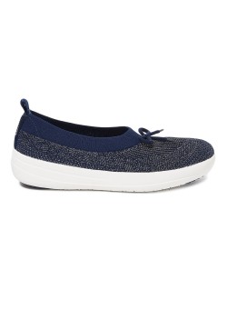 fitflop Uberknit Slip On Ballerina With Bow Shoes Midnight Navy/Pewter Metallic