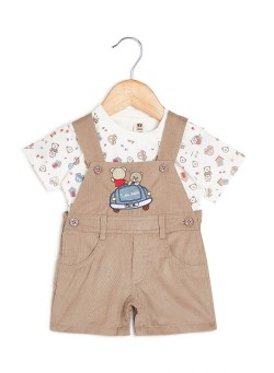 TOFFYHOUSE Infants Teddy Print T-Shirt & Dungaree Set Beige/White