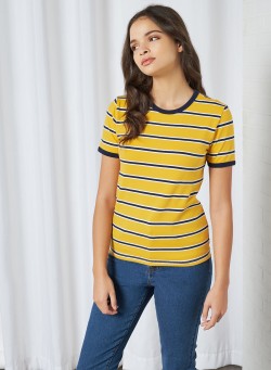FOREVER 21 Striped Ringer Print Short Sleeve T-Shirt Mustard/Navy
